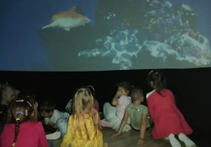 Dzieci oglądają bajkę w kopule oceanarium.